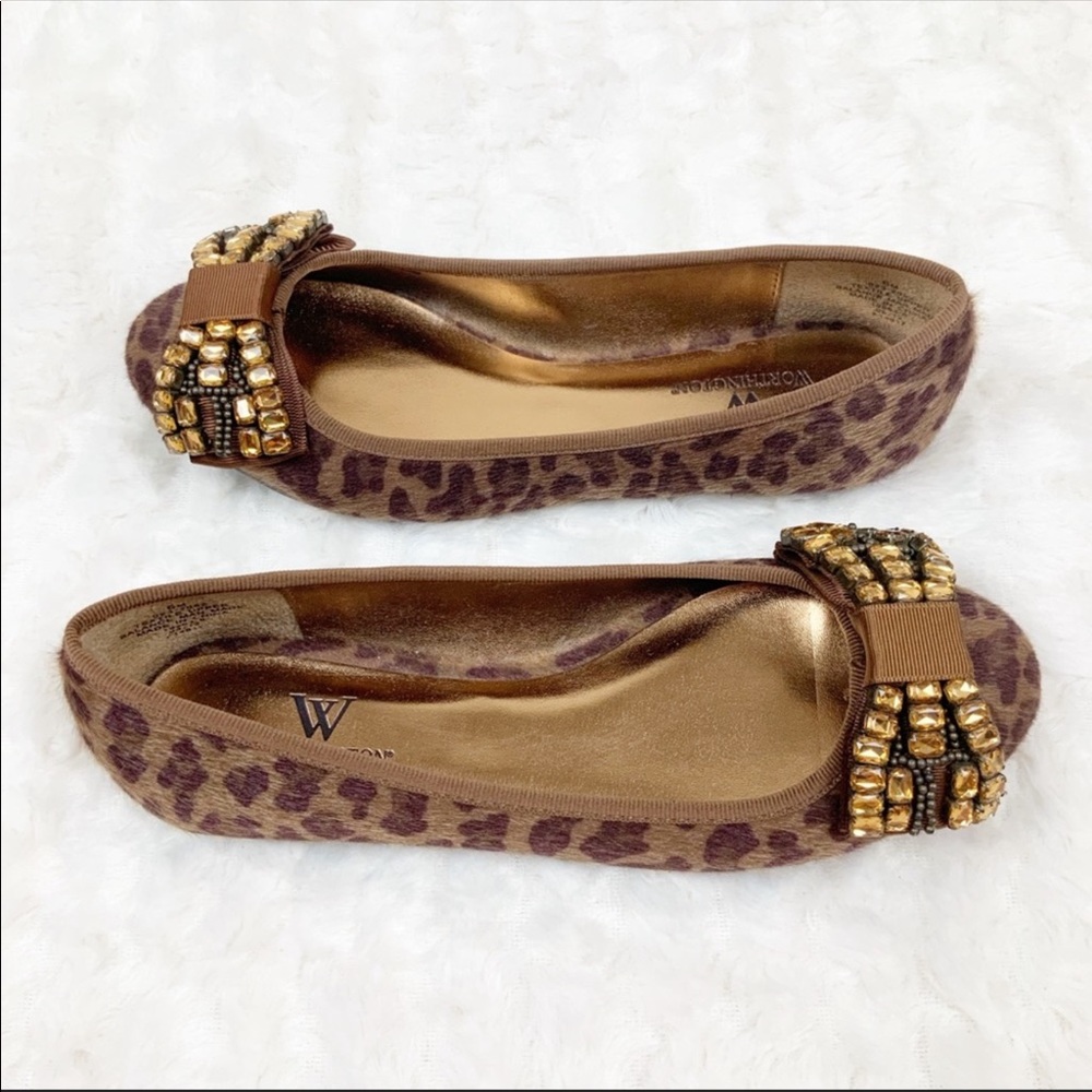 Worthington jeweled bow leopard flats faux calf hair